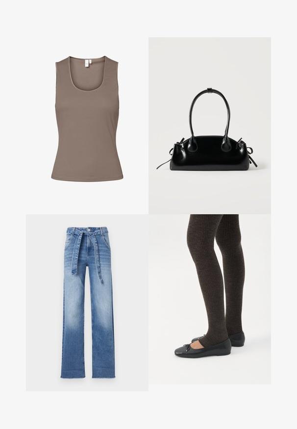 Brun ærmeløs top lavet af glat, strækbart stof. Har en dyb udskæring og en tætsiddende pasform med minimale sømme og ingen udsmykninger.; Lysblå denimbukser med høj talje og vidde ben, med en bælte i taljen og et falmet vaskedesign.; Ben iført mørke ribbede leggings kombineret med sorte balletsko med små sløjfedetaljer på hvid baggrund.; Lille sort blank håndtaske med to lange håndtag og snøre-detaljer i siden på en ensfarvet lys baggrund.