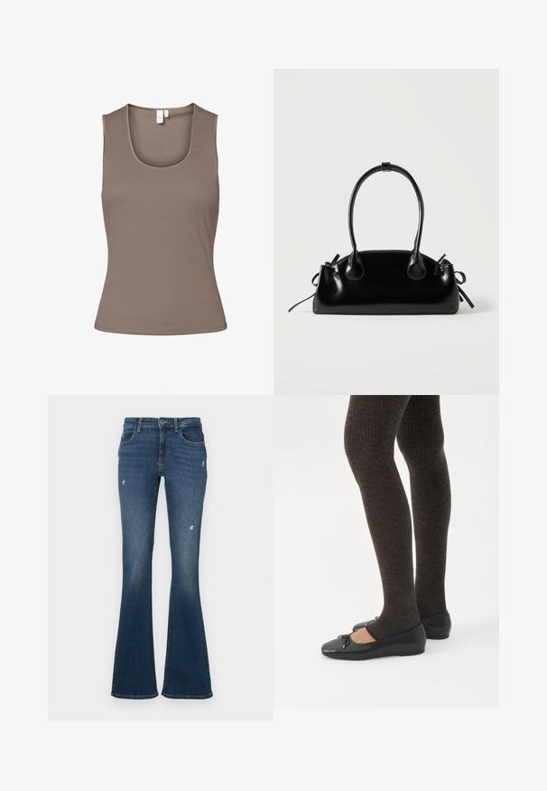 Brun ærmeløs top lavet af glat, strækbart stof. Har en dyb udskæring og en tætsiddende pasform med minimale sømme og ingen udsmykninger.; Flared jeans i mørkeblå denim med slidte områder. Har fem lommer og lynlås foran. Mellemvægtigt stof med en glat tekstur.; Ben iført mørke ribbede leggings kombineret med sorte balletsko med små sløjfedetaljer på hvid baggrund.; Lille sort blank håndtaske med to lange håndtag og snøre-detaljer i siden på en ensfarvet lys baggrund.