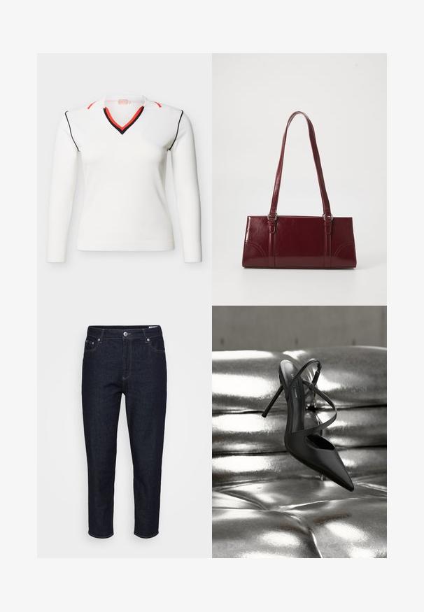 Pull blanc à manches longues avec col en V, orné de bordures noires et rouges sur le col, les épaules et les coutures des manches, présenté sur un fond uni.; Jeans en denim bleu foncé à jambes droites, avec poches avant, passants de ceinture et fermeture à bouton à l'avant, présentés sur un fond neutre.; Escarpin noir à bout pointu et talon stiletto avec brides croisées reposant sur une surface en cuir argenté capitonné et brillant.; Sac à main bordeaux en matériau brillant, de forme rectangulaire, avec deux anses et des accents légèrement courbés à l'avant.