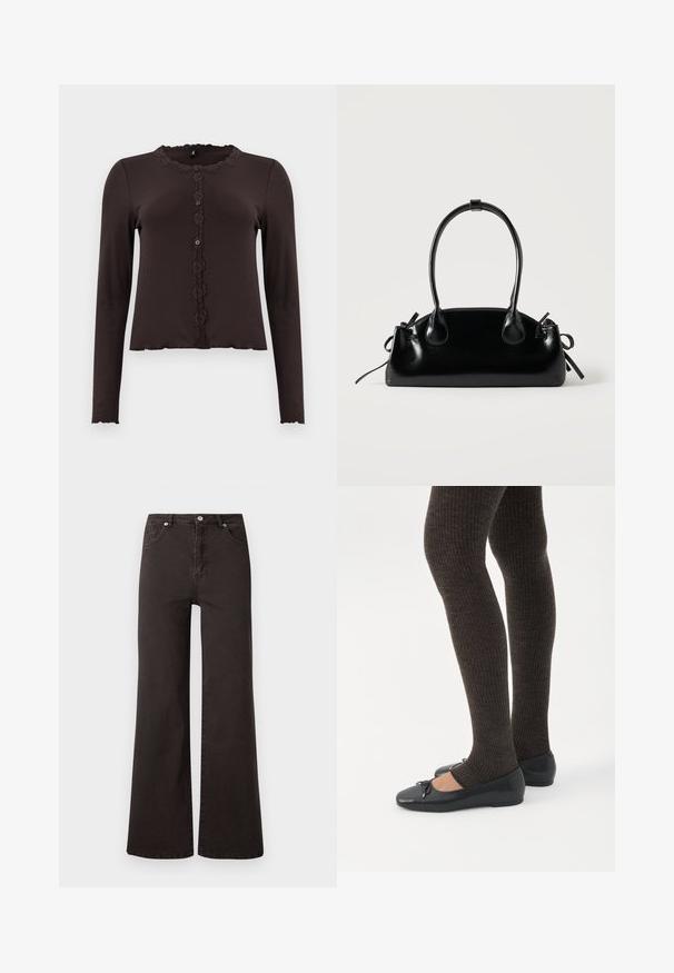 Haut long à manches marron foncé avec une texture côtelée, bordure en dentelle au niveau du col et un devant boutonné avec trois boutons. Ourlet festonné.; Jeans noirs à jambes larges en denim avec une taille haute, comportant cinq poches et une fermeture à bouton. Texture lisse, design minimaliste.; Jambes portant des leggings côtelés foncés associés à des ballerines noires avec de petits détails en nœud sur fond blanc.; Petit sac à main noir brillant avec deux longues anses et des détails à cordon sur les côtés sur un fond clair uni.