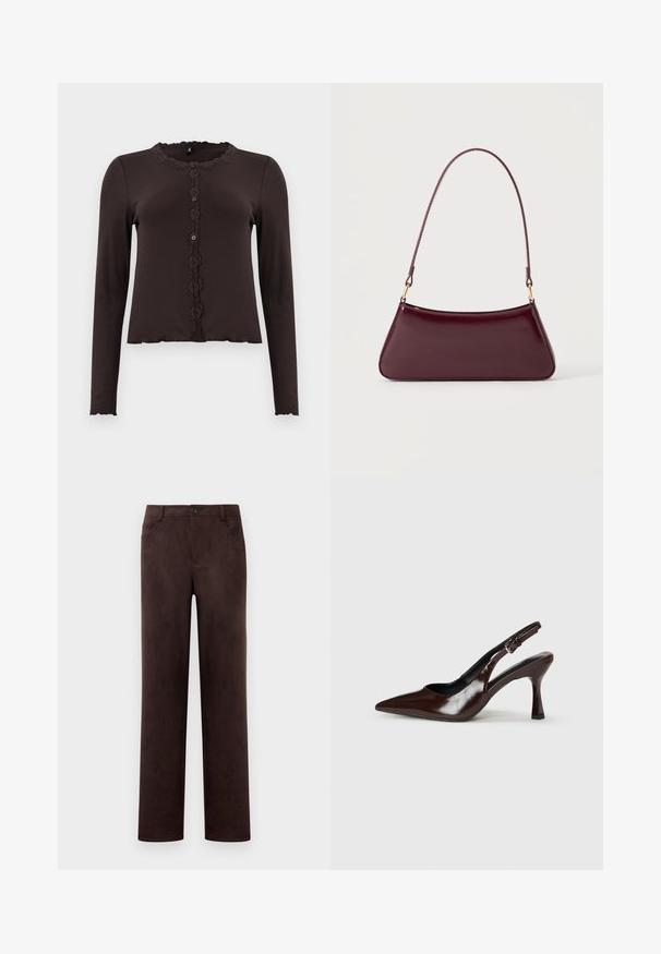 Haut long à manches marron foncé avec une texture côtelée, bordure en dentelle au niveau du col et un devant boutonné avec trois boutons. Ourlet festonné.; Pantalons en suède marron foncé à jambes droites avec fermeture à bouton et zip à l'avant, passants de ceinture et poches latérales.; Talons slingback en cuir verni brun avec un bout pointu, un talon fin, et une sangle réglable avec une petite boucle.; Sac à main brillant bordeaux foncé avec une anse fine unique et une forme trapézoïdale élégante sur un fond clair uni.