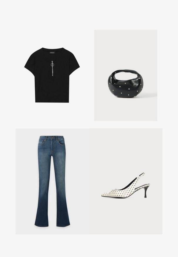 Haut noir à manches courtes côtelé avec un col rond et une fermeture éclair à l'avant avec un tirette en métal, fabriqué dans un tissu texturé.; Jean en denim bleu avec une coupe évasée, fermeture devant par boutons et zip, et style classique cinq poches.; Chaussure à talon haut en cuir blanc à bride arrière avec des pois noirs et un petit nœud décoratif sur l’orteil pointu, sur fond uni.; Sac à main en cuir noir de forme arrondie, décoré de clous argentés et équipé d'une poignée courte. Texture lisse et fermeture éclair.