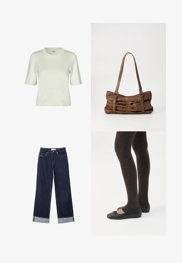 Strikket kortærmet sweater i off-white med rund halsudskæring og en glat, blød tekstur. Enkel og klassisk design.; Mørkeblå vidde jeans med omslag ved buksebenet, forreste knap, lynlås og design med fem lommer.; Ben iført mørke ribbede leggings kombineret med sorte balletsko med små sløjfedetaljer på hvid baggrund.; Even&Odd Håndtasker - brown