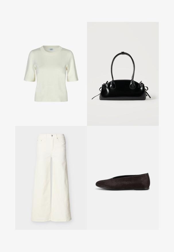 Strikket kortærmet sweater i off-white med rund halsudskæring og en glat, blød tekstur. Enkel og klassisk design.; Hvide denimbukser med vide ben, fem lommer og knappelukning, vist fladt mod en lys baggrund.; Sort flad sko med rundet tå og lav hæl, med en glat, let tekstureret overflade og et enkelt slip-on design.; Lille sort blank håndtaske med to lange håndtag og snøre-detaljer i siden på en ensfarvet lys baggrund.