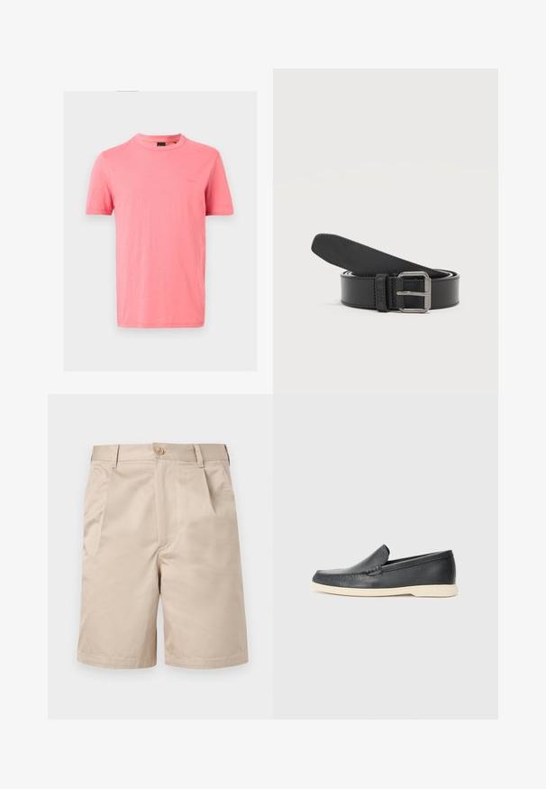 T-shirt uni rose corail à manches courtes avec col rond et logo de marque en relief discret sur le côté gauche de la poitrine sur fond blanc.; Short beige longueur genou avec fermeture avant bouton et zip, passants pour ceinture et poches latérales.; Mocassin noir en cuir à enfiler avec semelle beige, positionné en suspension près d'un porte-revues en fil métallique sur un sol en terrazzo.; Ceinture en cuir noire enroulée avec une boucle rectangulaire en métal argenté sur un fond clair uni.