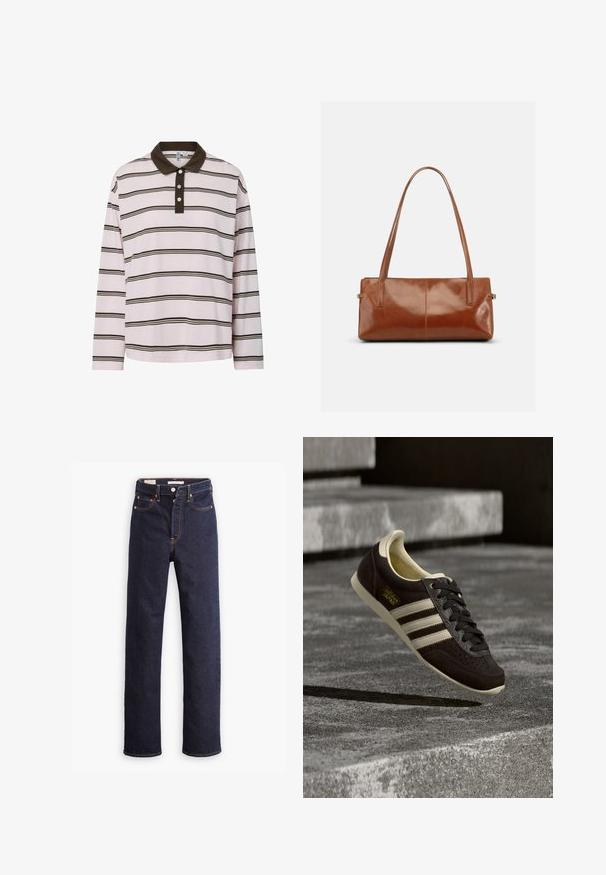 Polo de manga larga en rosa claro con rayas horizontales marrones, con un cuello marrón oscuro y tapeta de tres botones. Material suave de algodón.; Jeans de mezclilla rectos de color azul oscuro con cinco bolsillos y costuras naranjas visibles sobre un fondo blanco.; Zapatilla Adidas Japón de color marrón oscuro con rayas y suela crema, flotando sobre una superficie de concreto con escalones de piedra al fondo.; Bolso rectangular de cuero marrón con dos correas largas para el hombro, acabado brillante y liso, y un diseño minimalista sobre un fondo liso.