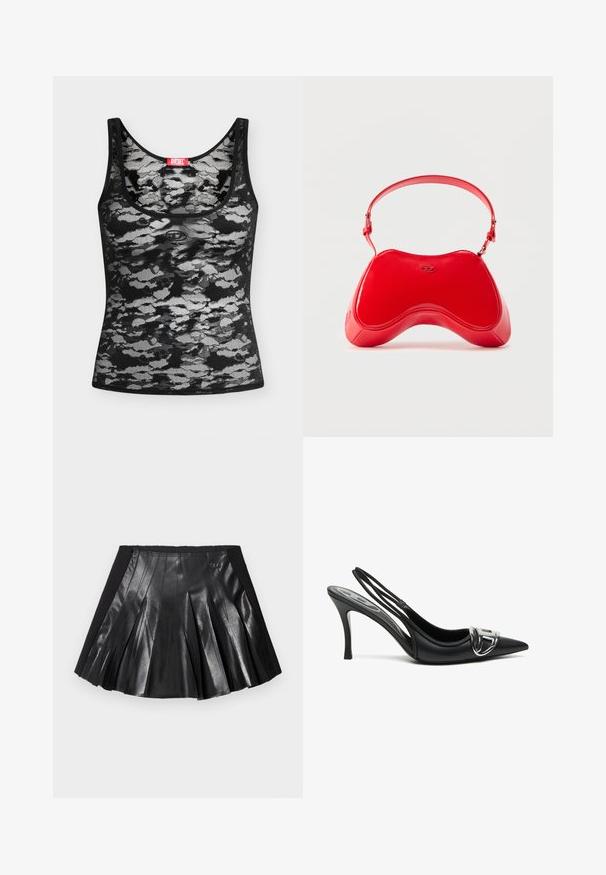Débardeur en dentelle noir et blanc sans manches au motif camouflage abstrait et une étiquette rouge de la marque Diesel à l’encolure, posé à plat sur fond blanc.; Jupe plissée noire avec un devant en cuir brillant et une ceinture noire unie ornée d'un petit détail métallique. Des panneaux en cuir texturé rehaussent le design.; Talons hauts slingback noirs avec un embout pointu, présentant un détail de boucle en argent brillant et un talon fin. Texture en cuir lisse, design minimaliste.; Sac en cuir verni rouge avec une forme incurvée et ergonomique, doté d'une fine sangle réglable et d'un discret logo sur le devant.
