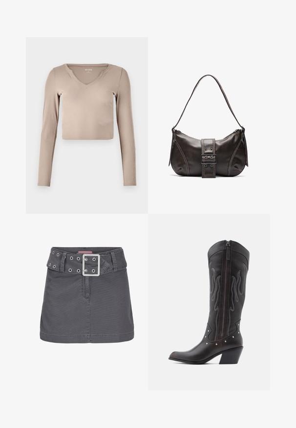 Langærmet, cropped top i lys beige ribbet stof med V-hals og minimale syninger på kraven.; Grå bomulds mini skirt med et bredt bælte, der har sølv-lufthuller og en firkantet metalspænde, designet med en ren, lige silhuet.; Brune læder cowboystøvler med flammebroderi, sidelukning med lynlås, sølvnitter, spids snude og lagdelt hæl.; Brun læder skuldertaske med en buet form, der har et fremtrædende spænde, kontrasterende syninger og en enkelt skulderrem.