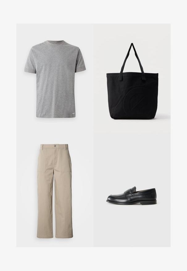 T-shirt gris à manches courtes en coton doux. Il présente un col rond avec une bordure contrastante et un ourlet droit en bas.; Pantalon beige à jambes larges en coton ; doté de poches plaquées à l'avant, d'une fermeture à bouton et de coutures visibles le long des ourlets.; Mocassins en cuir noir avec un bout rond, des détails cousus et une semelle en caoutchouc plate. Présentent une large bande sur le cou-de-pied.; Sac fourre-tout en toile noire avec deux bandoulières et un motif circulaire discret en relief sur le devant.