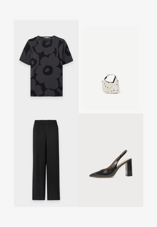 T-shirt gris foncé avec un motif floral dans des nuances de gris et de noir, à manches courtes et à encolure arrondie.; Pantalon large noir avec une taille élastique, fabriqué dans un tissu lisse et léger. Présente une coupe droite et sans motifs visibles.; Chaussure slingback en cuir noir à bout pointu avec un talon bloc haut et une doublure intérieure beige sur un fond clair uni.; Petit sac à main blanc avec des taches marron, forme triangulaire arrondie, doublure intérieure noire et bandoulière courte réglable avec boucle argentée.