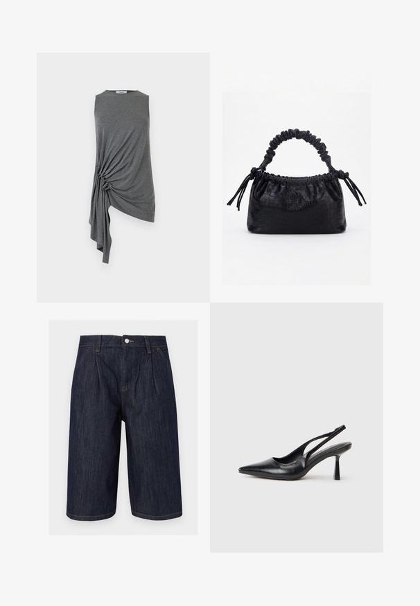 Haut asymétrique gris sans manches avec un détail drapé froncé sur le côté gauche, créant un ourlet fluide et irrégulier.; Bermuda long en jean bleu foncé avec plis sur le devant, poches latérales, passants pour ceinture et une fermeture par bouton métallique à la taille.; Chaussure à talon haut en cuir noir, à bride arrière, avec un bout pointu et un talon fin sur fond blanc.; Sac à main noir avec texture crocodile, bord supérieur froncé, poignée plissée et pompons à cordon de chaque côté sur fond blanc.