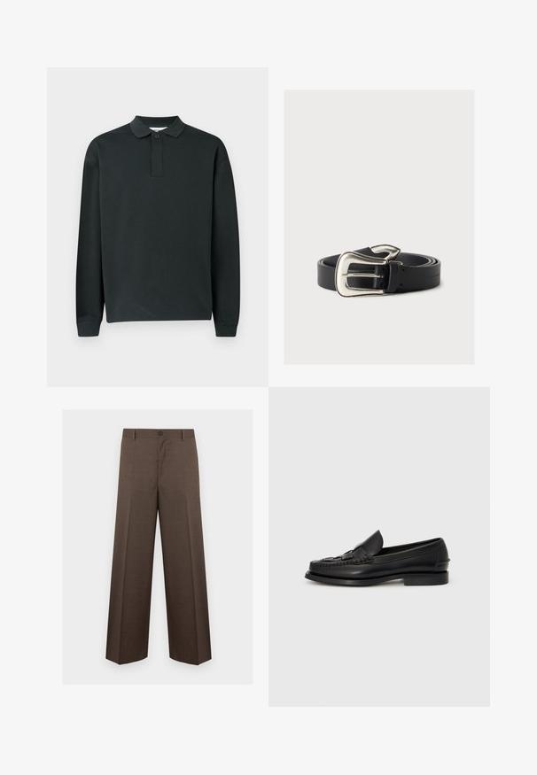 Polo shirt noir à manches longues avec une patte de boutonnage à un seul bouton et des poignets côtelés, présenté sur un fond clair.; Pantalon marron à jambes larges, coupe cintrée avec passants de ceinture et fermeture par bouton, présenté à plat sur un fond blanc.; Mocassin en cuir noir avec un détail tissé à l'avant, bout arrondi et petit talon. Texture lisse et design minimaliste.; Ceinture en cuir noir avec une grande boucle argentée de style western, enroulée sur un fond neutre.