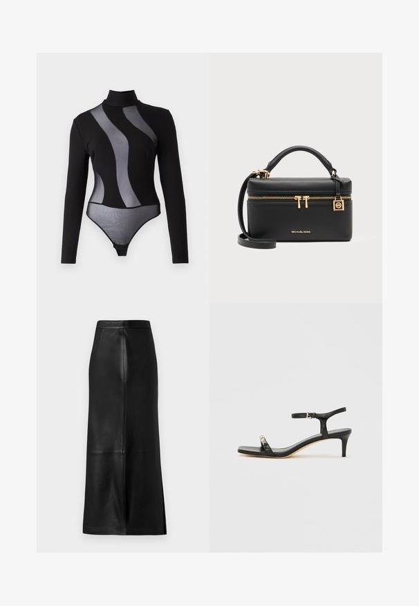 Bodysuit noir à manches longues avec des panneaux en maille transparente et un col montant. Il présente un design ajusté et une fermeture à pression au bas.; Jupe en cuir noir avec une silhouette droite, dotée d'une fente arrière, d'une texture lisse et de détails de couture visibles.; Sandale noire en cuir à talon avec bride à la cheville, bout ouvert, devant carré et accent en métal argenté. Design ajusté avec un profil élégant.; Sac à main rectangulaire noir Michael Kors avec poignée supérieure, fermeture éclair dorée et logo, et bandoulière détachable sur fond gris.