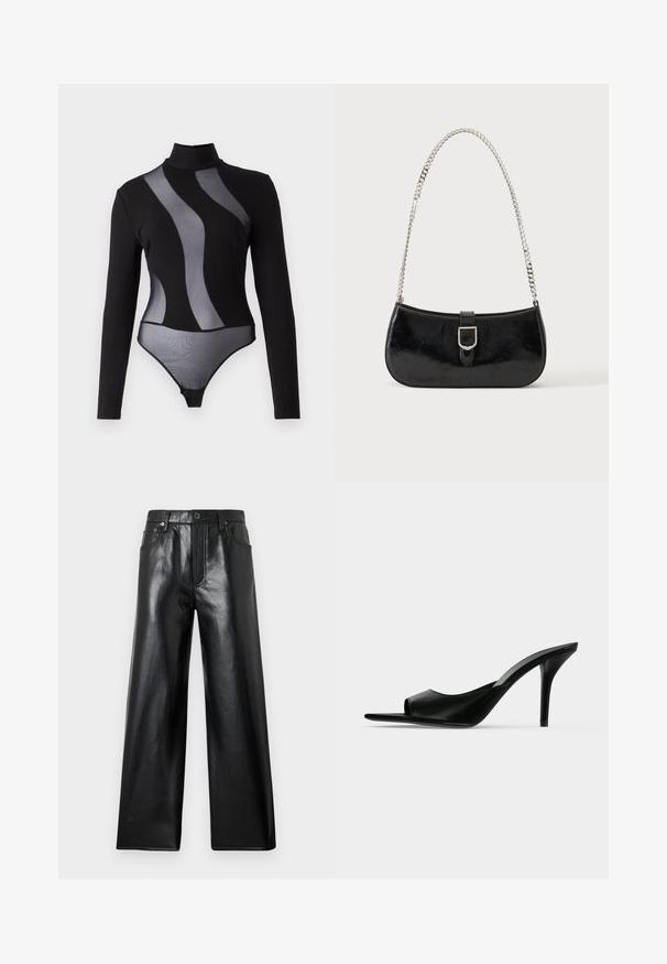Bodysuit noir à manches longues avec des panneaux en maille transparente et un col montant. Il présente un design ajusté et une fermeture à pression au bas.; Pantalon large en fausse cuir noir à taille haute avec bouton frontal, fermeture éclair et poches à l'avant et à l'arrière sur fond gris clair.; Mule à talon haut en cuir noir à bout ouvert avec un talon stiletto fin, vue de profil sur un fond uni.; Sac à épaule en cuir verni noir avec détail de boucle argentée et bandoulière en chaîne argentée, présenté sur un fond uni clair.