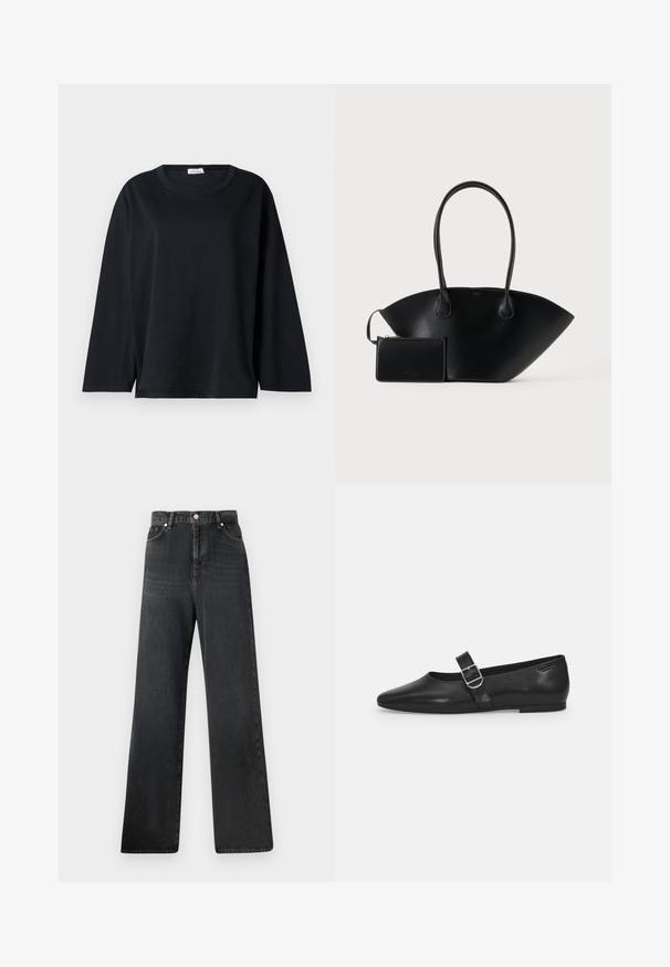 Sort langærmet t-shirt i bomuld med rund halsudskæring, afslappet pasform og sidespalter i kanten for bedre bevægelsesfrihed.; Sorte jeans med vid ben og høj talje, der har knaplukning, fem lommer og diskret falmet effekt på stoftekstueren.; Sorte læder flade sko med rund tå, et enkelt justerbart spænde og en glat, blank overflade. Minimalistisk design med en lav hæl.; Sort læderhåndtaske med lange håndtag og en matchende lille lynlåspung mod en ensfarvet baggrund.