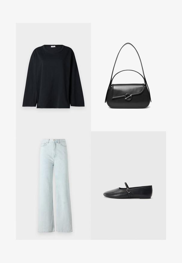 Zwarte lange mouw t-shirt van katoen met een ronde halslijn, relaxte pasvorm en zijsplitten aan de onderrand voor beter bewegingsgemak.; Lichtblauwe wijde jeans met een hoge taille, gemaakt van denim stof. Heeft een knoop- en ritssluiting met voorzakken.; Zwarte leren balletschoenen met een spitse neus, platte zool en een kleine strap met een zilveren gespsluiting.; Zwarte leren schoudertas met een gebogen klep die is bevestigd met een ronde metalen sluiting en een smalle, verstelbare band.