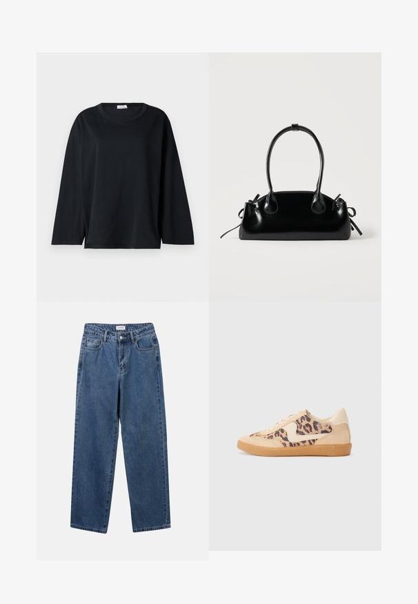 Sort langærmet t-shirt i bomuld med rund halsudskæring, afslappet pasform og sidespalter i kanten for bedre bevægelsesfrihed.; Klassiske blå denimbukser med lige ben, fem lommer og knaplukning. Har en medium vask og en robust tekstur.; Leopardprint sneakers med beige ruskindsoverdel, tan gummisål og hvide detaljer. Rund pegefinger og snørebåndsdesign med en tekstureret finish.; Lille sort blank håndtaske med to lange håndtag og snøre-detaljer i siden på en ensfarvet lys baggrund.