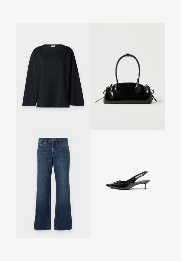 Sort langærmet t-shirt i bomuld med rund halsudskæring, afslappet pasform og sidespalter i kanten for bedre bevægelsesfrihed.; Mørkeblå jeans med vide ben og klassisk design med fem lommer, der har knaplukning og diskret falming. Fremstillet af denimstof.; Sorte læder slingback-pumps med spids tå, lav kitten-hæl og rynket detalje på overdelen. Glat tekstur og minimalistisk design.; Lille sort blank håndtaske med to lange håndtag og snøre-detaljer i siden på en ensfarvet lys baggrund.