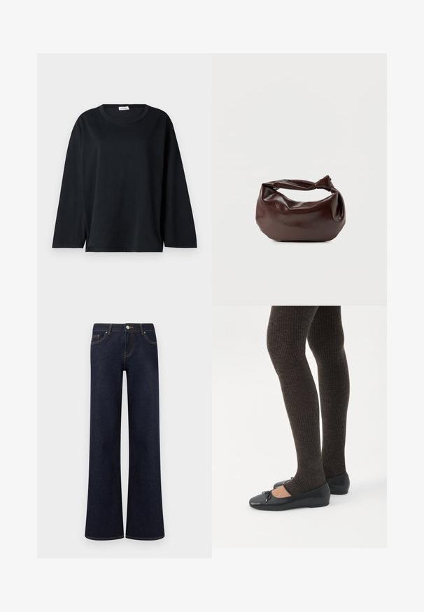 Sort langærmet t-shirt i bomuld med rund halsudskæring, afslappet pasform og sidespalter i kanten for bedre bevægelsesfrihed.; Mørkeblå vidde denimjeans med forlommer, knap- og lynlåslukning samt synlige kontrastsyninger.; Ben iført mørke ribbede leggings kombineret med sorte balletsko med små sløjfedetaljer på hvid baggrund.; Mørkebrun læder skuldertaske med en blød, afslappet form og et snoet knudehåndtag på en ensartet hvid baggrund.