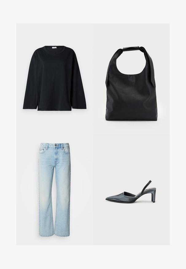 Camiseta negra de manga larga en algodón con cuello redondo, corte relajado y aberturas laterales en el dobladillo para mayor comodidad al moverse.; Vaqueros de pierna ancha azul claro confeccionados en denim, con un diseño clásico de cinco bolsillos y una sutil textura deslavada. La costura del denim es visible.; Tacón destalonado negro con punta puntiaguda, acabado de satén elegante y tacón delgado de 3 pulgadas. Diseño lateral abierto con detalle mínimo de costuras.; Bolso de mano de cuero negro con una gran abertura superior y una sola correa para el hombro. Textura suave, diseño minimalista, con detalles sutiles de herrajes.