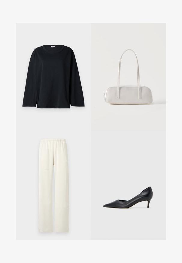 Camiseta negra de manga larga en algodón con cuello redondo, corte relajado y aberturas laterales en el dobladillo para mayor comodidad al moverse.; Pantalones rectos color crema con una cintura elástica y sin bolsillos ni adornos visibles.; Zapato de tacón bajo de cuero negro con punta puntiaguda. Presenta una textura lisa y un brillo sutil. Corte abierto en la parte frontal para un detalle adicional.; Bolso de hombro rectangular blanco con correas largas y delgadas, costuras mínimas y cierre de cremallera sobre un fondo liso.