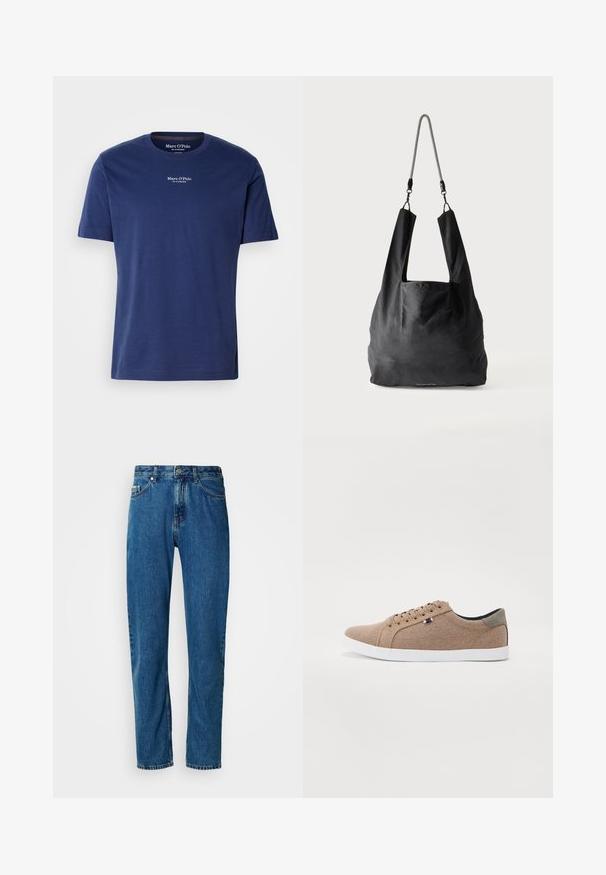 Marineblaue Baumwoll-T-Shirt mit kurzen Ärmeln, Rundhalsausschnitt und kleinem weißen Logo auf der Brust. Glatte Textur und lockere Passform.; Blaue gerade geschnittene Jeans aus Denim mit fünf Taschen und vorderem Knopfverschluss vor einem weißen Hintergrund.; Beige Leinensneaker mit einem Low-Top-Design, weißer Gummisohle und runden Schnürsenkeln. Mit kontrastierenden grauen Akzenten an der Ferse und einem Logo-Detail.; Schwarze weiche Stofftragetasche mit breiten Griffen und einem dünnen schwarz-weißen geflochtenen Schulterriemen.