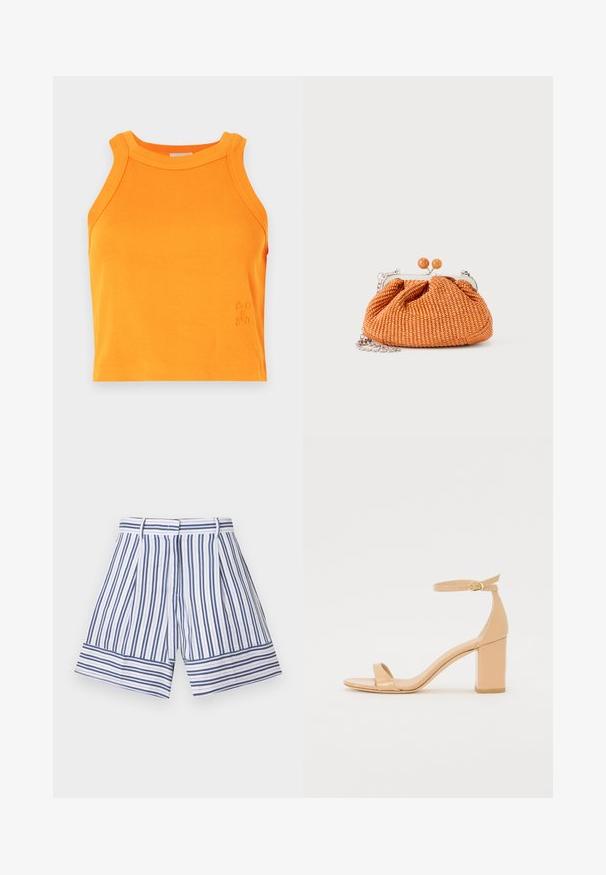 Débardeur orange à côtes avec un col haut et une conception sans manches. Présente des détails subtils de logo sur l'ourlet. Matière douce et extensible.; Shorts rayés avec des lignes verticales bleues et blanches, un large ourlet et un design plissé à l'avant. Fabriqués en tissu léger.; Sandales à talons en cuir verni nude avec un orteil carré, une sangle à la cheville et un talon bloc chunky. Texture lisse et détails de design minimalistes.; Petit sac pochette tissé orange avec cadre en métal argenté, fermoir rond et bandoulière chaîne argentée sur fond blanc.