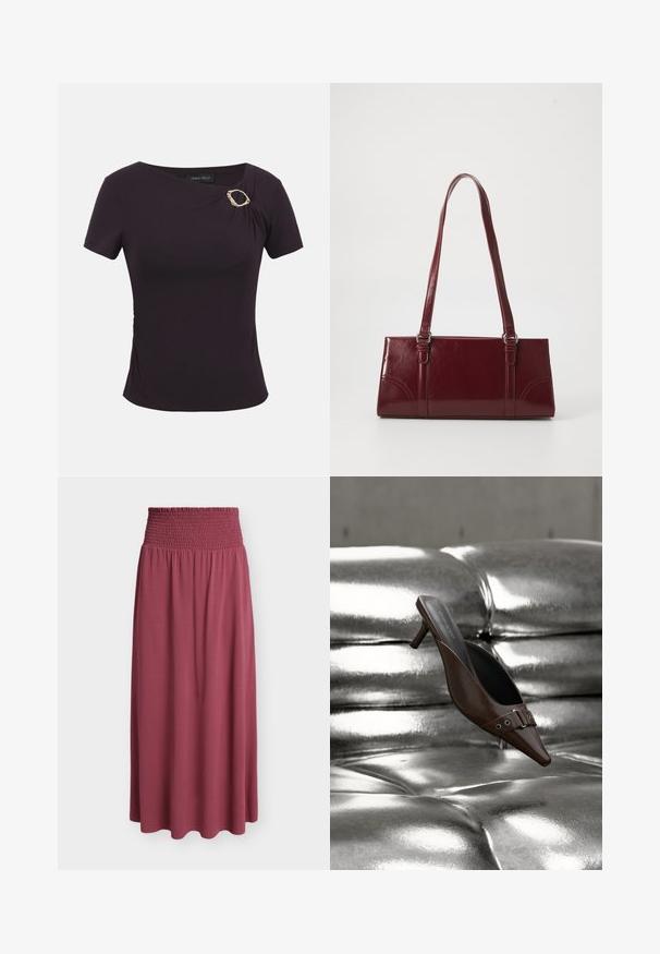 Haut ajusté à manches courtes de couleur violet foncé avec un col asymétrique et une boucle ovale décorative en or sur l'épaule gauche.; Jupe longue de couleur mauve avec une large ceinture élastiquée froncée et un tissu doux et fluide s’étendant jusqu’à l’ourlet.; Mule à talon brun à bout pointu avec détail boucle flottant au-dessus d'une surface en cuir argenté capitonnée brillante.; Sac à main bordeaux en matériau brillant, de forme rectangulaire, avec deux anses et des accents légèrement courbés à l'avant.
