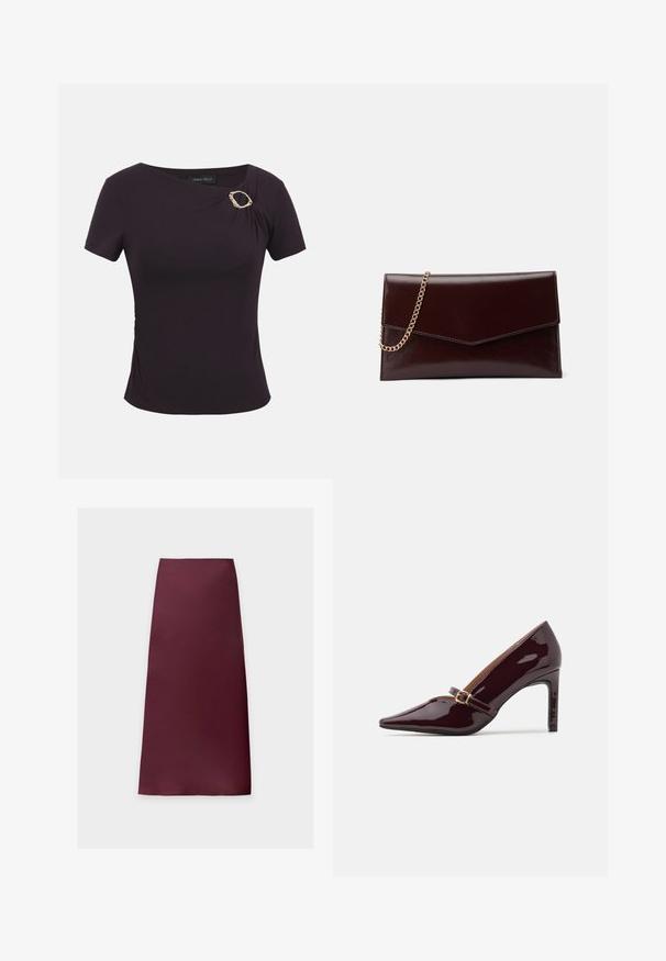 Haut ajusté à manches courtes de couleur violet foncé avec un col asymétrique et une boucle ovale décorative en or sur l'épaule gauche.; Jupe midi droite de couleur bordeaux foncé unie, en tissu lisse sans motifs ni ornements visibles.; Chaussure à talon aiguille bordeaux en patent avec un embout pointu, une bride de cheville comportant des accents en métal doré, et une finition lisse et brillante. Talon stiletto surélevé.; Sac à main en cuir de couleur bordeaux foncé avec un design en forme d'enveloppe. Il dispose d'une anse en chaîne dorée, d'une texture lisse et d'une fermeture en pointe.