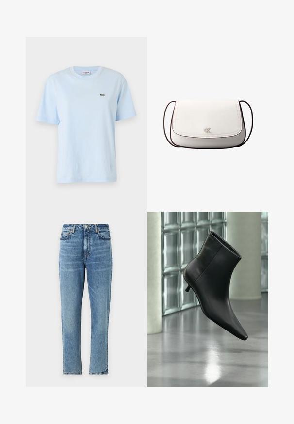 T-shirt en coton bleu clair à manches courtes, col rond, avec un petit logo en crocodile brodé vert sur la poitrine gauche.; Jeans en denim bleu clair avec une taille haute, un design à jambe droite et une texture délavée. Comprend des accessoires en métal argenté et des coutures contrastées.; Bottine en cuir noir à bout pointu et petit talon kitten, présentée en angle devant un sol poli et un mur en blocs de verre.; Sac bandoulière blanc avec fermeture à rabat, petit logo "cK" argenté centré, et fine sangle réglable marron foncé.