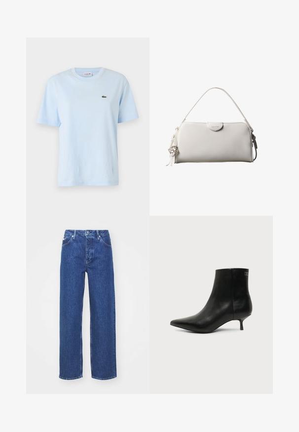 T-shirt en coton bleu clair à manches courtes, col rond, avec un petit logo en crocodile brodé vert sur la poitrine gauche.; Jeans en denim bleu à jambe large avec taille haute, dotés d'un zip et d'une fermeture à bouton, de passants de ceinture et de détails légèrement décolorés sur le tissu.; Bottine en cuir noir avec bout pointu et petit talon kitten sur fond clair, vue côté extérieur.; Sac à main rectangulaire blanc Calvin Klein avec une seule poignée, design minimaliste et pampilles décoratives avec un charm métallique géométrique sur le côté.