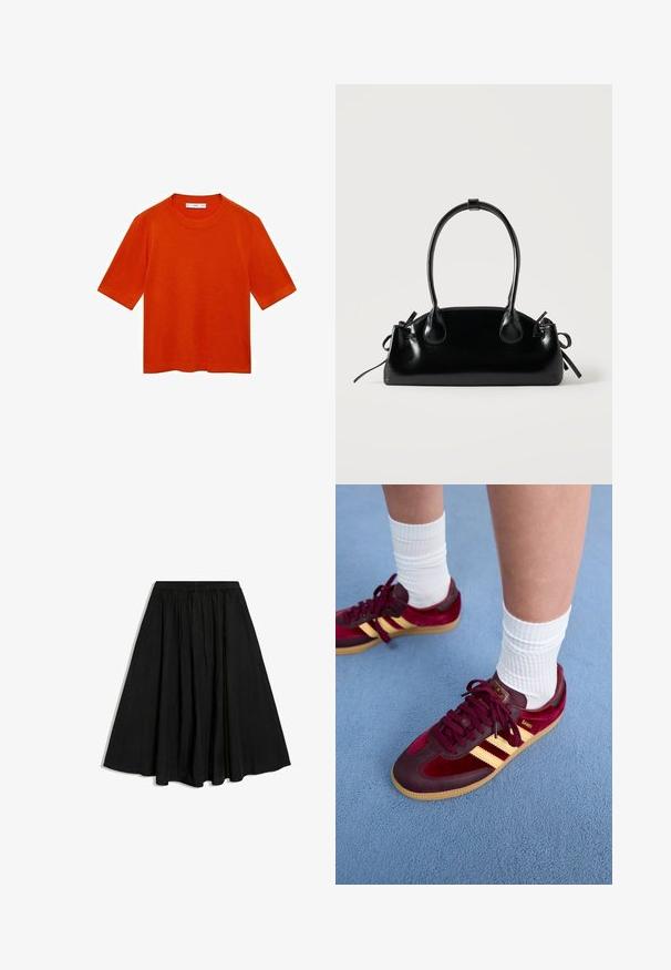 Korte mouwen oranje t-shirt van zachte stof, met een ronde hals en een relaxte pasvorm met een rechte onderrand en zonder zichtbare patronen.; Zwarte A-lijn midi-rok met elastische tailleband en subtiele plooien, weergegeven op een witte achtergrond.; Bordeaux suède en leren sneakers met gele strepen en een gumzool. Witte geribbelde sokken zichtbaar boven de enkel, neergezet op een blauwe gestructureerde ondergrond.; Kleine zwarte glanzende handtas met twee lange hengsels en zijkant trekkoord details op een effen lichte achtergrond.