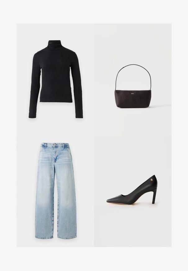 Zwarte langemouwen coltrui gemaakt van een zachte, rekbare stof. Heeft een hoge hals en een aansluitende silhoutte zonder versieringen.; Lichtblauwe denim wijde jeans met een hoge taille, subtiele slijtage-effecten, rafelige zoom en een klassieke vijf-pocket ontwerp.; Zwarte leren pointed-toe hoge hak schoen met een mid-height stiletto hak en een klein gouden embleem nabij de hak op een witte achtergrond.; Zwarte geweven gestructureerde handtas met een enkele schouderriem en een klein gouden "BOSS"-logo voor in het midden.