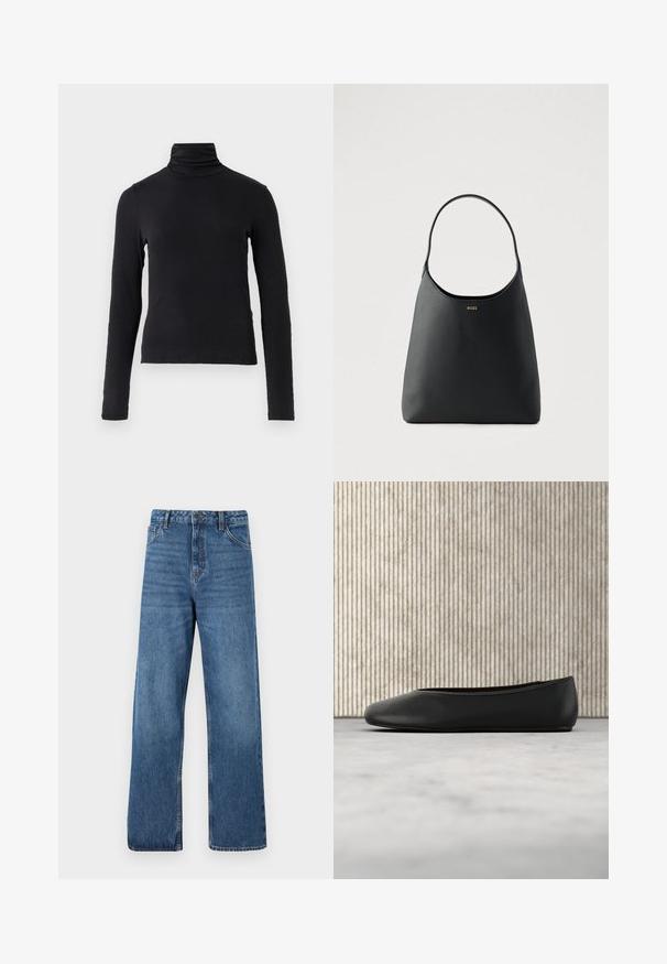 Zwarte langemouwen coltrui gemaakt van een zachte, rekbare stof. Heeft een hoge hals en een aansluitende silhoutte zonder versieringen.; Blauwe denim jeans met hoge taille en wijd uitlopende pijpen, met een gladde textuur, minimale stikdetails en een klassieke vijfzakkenstijl.; Zwarte leren balletflat met een afgeronde neus, een gladde textuur en een gouden logoaccent aan de zijkant. Geplaatst boven een reflecterend oppervlak.; Zwarte leren handtas met een enkele gebogen handgreep, gladde textuur en een subtiel logo aan de voorkant. Minimalistisch ontwerp en ruime binnenkant.