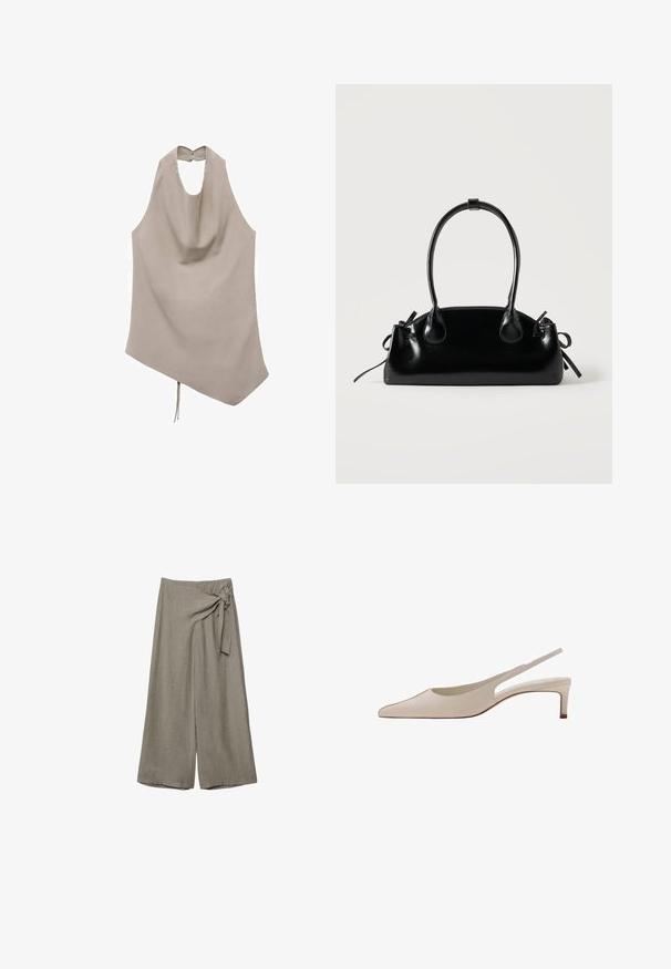 Asymmetrisk beige top lavet af glat stof, har en halterneck, draperet front og knaplukning bagpå med en bindedetalje i kanten.; Bredbuksbukser i taupe med højt talje og en stofknude-detalje på højre side.; Beige læderslingback sko med spids tå og lav blokhæl, vist fra siden på en hvid baggrund.; Lille sort blank håndtaske med to lange håndtag og snøre-detaljer i siden på en ensfarvet lys baggrund.