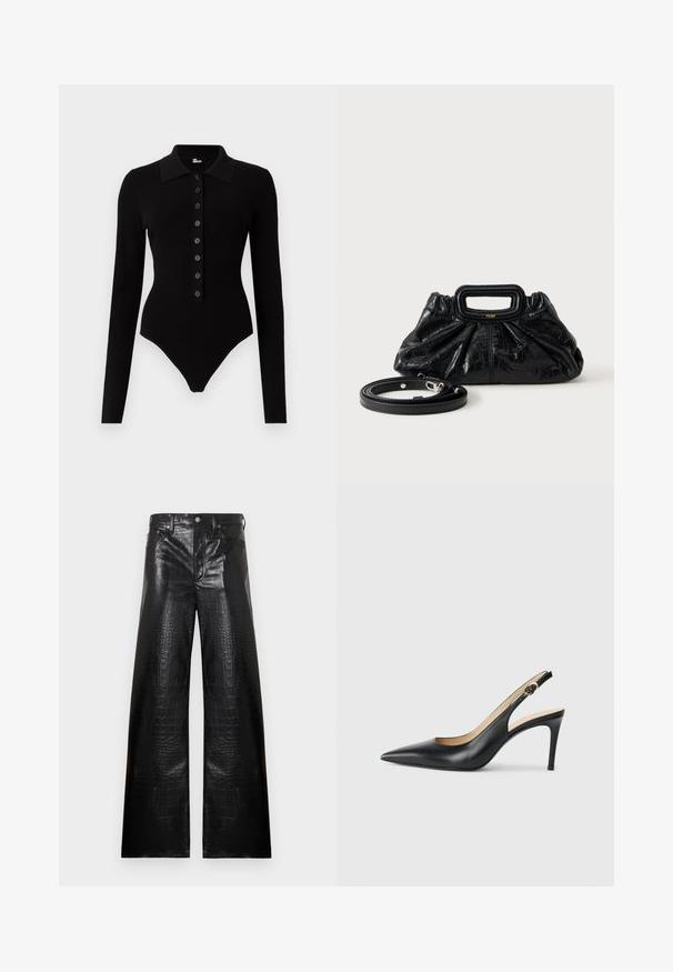 Body côtelé noir à manches longues avec col pointu et rangée de huit boutons à l'avant, coupe ajustée avec ouvertures hautes aux jambes.; Pantalon large en cuir noir avec une texture crocodile, fermeture à boutons, et design à cinq poches avec des accents en métal argenté.; Escarpins en cuir noir avec une pointe fine, une bride ajustable et un talon aiguille élégant, présentant une finition lisse.; Petit sac à main en cuir noir avec texture froncée, poignée rectangulaire et fine bandoulière amovible placée à côté.