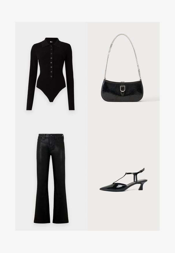 Body côtelé noir à manches longues avec col pointu et rangée de huit boutons à l'avant, coupe ajustée avec ouvertures hautes aux jambes.; Jean noir taille haute avec une légère évasement, fermeture avant par bouton et fermeture éclair, et style à cinq poches sur un fond clair uni.; Chaussure slingback en cuir verni noir à bout pointu avec bride en T et petit talon bloc incliné sur fond blanc.; Sac à épaule en cuir verni noir avec détail de boucle argentée et bandoulière en chaîne argentée, présenté sur un fond uni clair.