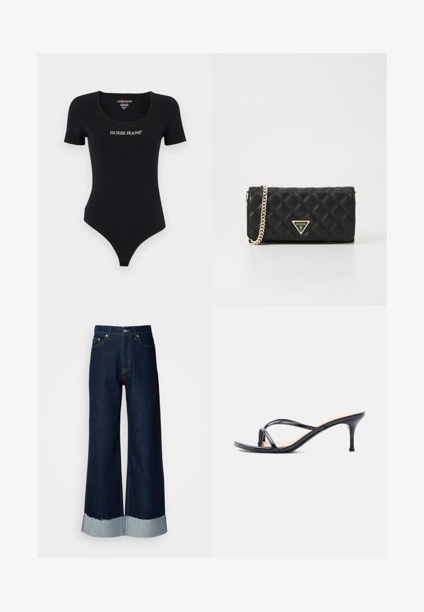 Sort kortærmet bodysuit med scoop halsudskæring og "GUESS JEANS" logo i hvid. Lavet af blødt, strækbart materiale med en tætsiddende silhuet.; Vide ben mørke denim jeans med en frynset, lys denim kant. Har klassisk fem-lomme stil og metalhardware i taljen.; Sort laklædersandal med hæl, tynde krydsede remme og en slank mellemhøj stilethæl på en hvid baggrund.; Sort quiltet håndtaske med kædestropp, der har et trekantet guld logo plade. Glat materiale med diamantformet mønsterdetaljer.
