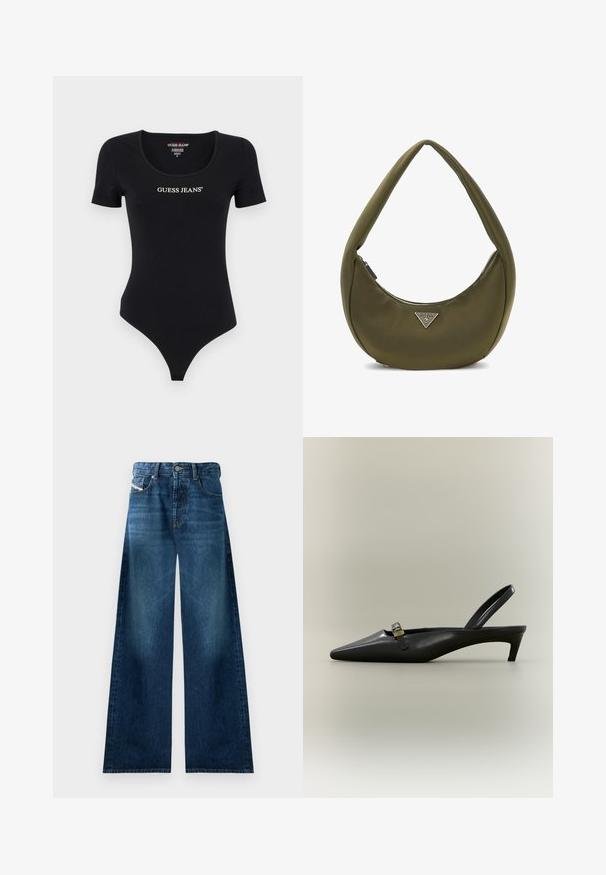 Mustapaitainen lyhythihainen bodysuit, jossa on pyöreä kaula-aukko ja valkoinen "GUESS JEANS" -logo. Valmistettu pehmeästä ja venyvästä materiaalista, jolla on istuva siluetti.; Yksiväriset leveälahkeiset farkut tummassa pesussa. Ominaisuuksiin kuuluu perinteinen viiden taskun muotoilu, napitus ja lievä haalistuminen reiden kohdalla.; Musta nahkainen slingback-kissan korkokenkä, jossa on terävä kärki ja pieni kullanvärinen solki yksivärisellä taustalla.; Oliivinvihreä hobo-laukku, jossa on sileä pinta, kaareva muoto ja hopeinen kolmionmuotoinen logo. Varusteena vetoketjukiinnitys ja pehmeä, paksu olkahihna.