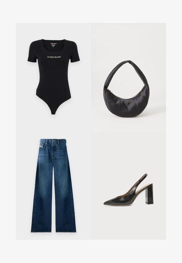 Zwart kortemouwens rompertje met een ronde hals en het "GUESS JEANS" logo in het wit. Gemaakt van zachte, stretchy stof met een aansluitende pasvorm.; Brede denim jeans in een donkere was. Voorzien van een traditionele vijf-pocketontwerp, knoopsluiting en lichte vervaging op de dijen.; Zwarte leren slingback schoen met spits toelopend neusje, hoge blokhak en beige binnenvoering tegen een effen lichte achtergrond.; Zwarte satin handtas met een gebogen vorm, voorzien van een ritssluiting en een driehoekig metalen logo aan de voorkant. Gladde textuur en een slank ontwerp.