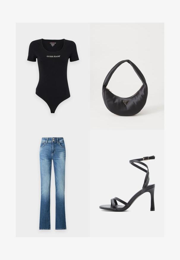 Čierny body s krátkym rukávom, ktorý má okrúhly výstrih a biely nápis "GUESS JEANS". Vyrobené z mäkkého, elastického materiálu s priliehavým strihom.; Modré denimové zvonové džínsy s vysokým pásom, s jemným vyblednutím, dvoma gombíkmi a bočnými vreckami. Tkanina má hladkú štruktúru.; Čierne sandále na vysokom opätku s elegantným dizajnom, vybavené dvoma úzkymi remienkami cez prsty a prekríženým remienkom okolo členka s prackou.; Čierna saténová kabelka s zakriveným tvarom, so zipsovým uzáverom a trojuholníkovým kovovým logom na prednej strane. Hladká textura a elegantný dizajn.