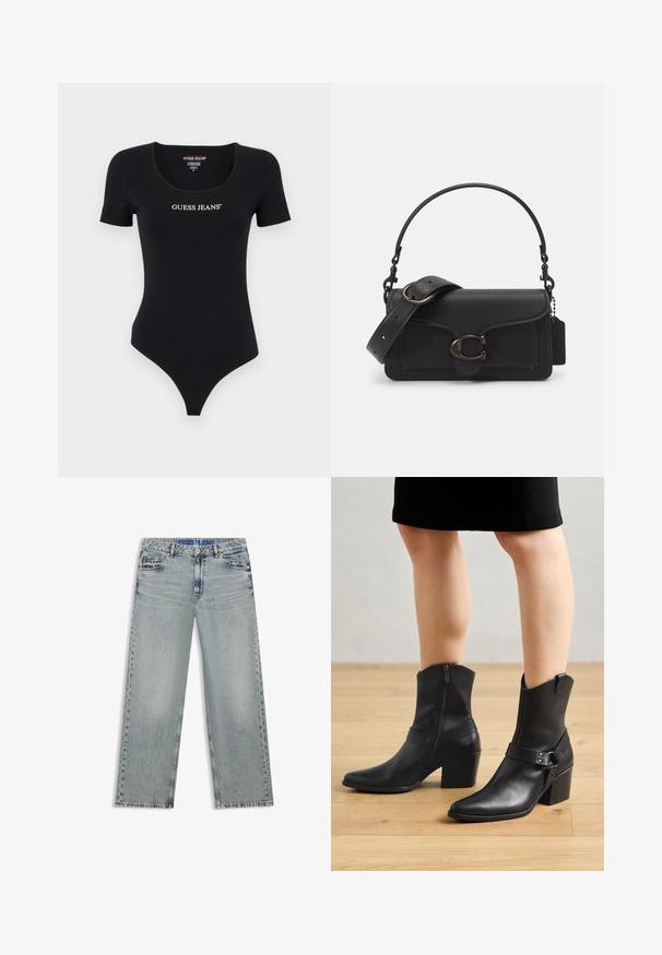 Mustapaitainen lyhythihainen bodysuit, jossa on pyöreä kaula-aukko ja valkoinen "GUESS JEANS" -logo. Valmistettu pehmeästä ja venyvästä materiaalista, jolla on istuva siluetti.; Vaaleansinisenä leveälahkeiset farkut, valmistettu denimi-kankaasta, joissa on haalistuneita alueita, viisi taskua ja sininen merkitty vyötärönauha.; Mustat nahkaiset nilkkasaappaat, joissa on terävä kärki, vetoketjusulku, kaareva korko ja koristeellinen hihna metallikoristeilla.; Musta nahkainen olkalaukku, jossa on teksturoitu pinta, säädettävä hihna ja hopeiset varusteet. Edessä on läppä, jossa on solkilukitus.
