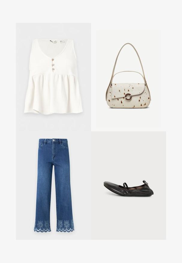 Haut blanc sans manches en maille côtelée avec col en V et trois petits boutons en bois sur le devant.; Jean en denim bleu avec une taille haute et des découpes en dentelle florale festonnée le long des ourlets larges des jambes.; Chaussure plate en cuir noir avec bout arrondi, bride élastique sur le cou-de-pied et petit détail de boucle métallique au talon.; Sac à main couleur crème avec des taches marron, rabat incurvé avec une fermeture métallique circulaire, doté de deux fines anses, dont une plus longue pour porter à l'épaule.