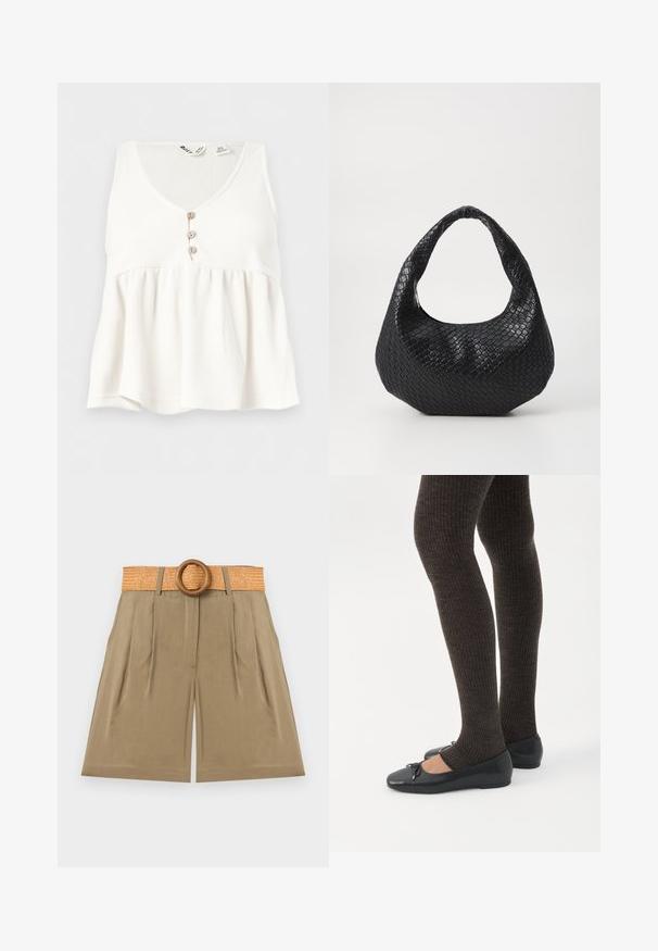 Haut blanc sans manches en maille côtelée avec col en V et trois petits boutons en bois sur le devant.; Short beige taille haute avec plis devant et une large ceinture tissée avec une grande boucle ronde en bois.; Jambes portant des leggings côtelés foncés associés à des ballerines noires avec de petits détails en nœud sur fond blanc.; Sac à main tissé noir avec une poignée courbée, présentant une surface texturée et une forme décontractée. Fini lisse avec une silhouette organique.