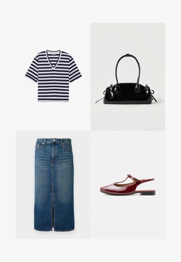 Gestreept T-shirt in marineblauw en wit, met een V-hals ontwerp, korte mouwen en van zacht katoen.; Donkerblauwe denim midi-jurk met een frontslit, vijf zakken en contrasterende stiksels. Voorzien van een knoop- en ritsluiting bij de taille.; Glanzende bordeauxrode lage hak T-band slingback schoen met puntige neus en verstelbare gesp op een effen witte achtergrond.; Kleine zwarte glanzende handtas met twee lange hengsels en zijkant trekkoord details op een effen lichte achtergrond.