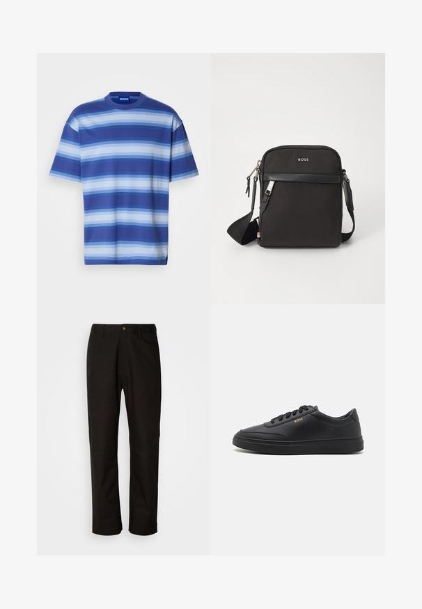 Kurzarm-T-Shirt aus Baumwolle mit horizontalen Streifen in verschiedenen Blautönen. Rundhalsausschnitt, lockere Passform und ein Etikett mit der Marke.; Schwarze Baumwollhosen mit geradem Schnitt, Gürtelschlaufen, einem Reißverschluss vorne und einem einzelnen Knopfverschluss. Glatte Textur ohne sichtbare Muster.; Schwarze Leder-Sneaker mit glatter Textur, runder Zehenpartie, flacher Gummisohle und einfarbigen Schnürsenkeln. Mit goldfarbenem "BOSS" Logo an der Seite.; Schwarze Umhängetasche aus strukturiertem Stoff, mit Logo auf der Vorderseite, Reißverschluss und verstellbarem Tragegurt. Verfügt über eine glatte Lederbesatz.