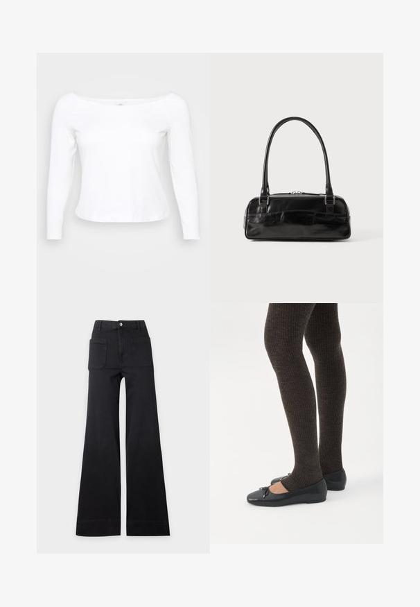 Hvid langærmet skjorte med bred halsudskæring, lavet af blødt og glat materiale. Har et tætsiddende design og en cropped kant.; Sorte bukser med høj talje og vide ben med frontlommer med lap og knaplukning, lagt fladt på en ensartet lys baggrund.; Ben iført mørke ribbede leggings kombineret med sorte balletsko med små sløjfedetaljer på hvid baggrund.; Sort læderhåndtaske med rektangulær form, der har et enkelt struktureret håndtag, sølvhardware og lynlås-lukning. Glat tekstur.