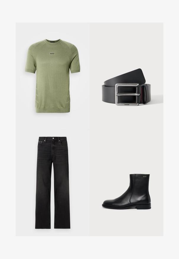 Chemise en maille vert olive à manches courtes avec col ras du cou et logo "BOSS" centré sur la poitrine.; Jean noir droit avec cinq poches, passants pour ceinture et fermeture par bouton, présenté sur un fond blanc.; Bottine en cuir noir à talon bas, couture latérale et petit logo "HUGO" sur le revers supérieur sur un fond uni.; Ceinture en cuir noire roulée avec une boucle rectangulaire en argent gravée "HUGO" et une boucle en cuir avec une couture rouge.