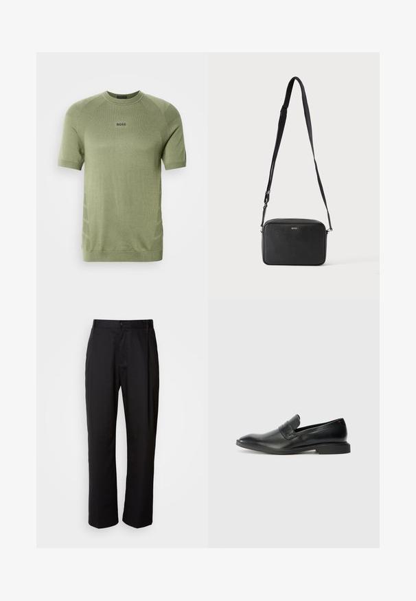 Chemise en maille vert olive à manches courtes avec col ras du cou et logo "BOSS" centré sur la poitrine.; Pantalon noir à coupe droite, en tissu léger. Il dispose d'une fermeture à bouton sur le devant et de deux poches latérales ; texture lisse.; Mocassins en cuir noir avec une texture lisse, un nez pointu et un petit talon rectangulaire. Présente un détail de bande horizontale sur le dessus.; Sac bandoulière rectangulaire noir avec sangle réglable et logo BOSS sur le devant, sur un fond clair uni.