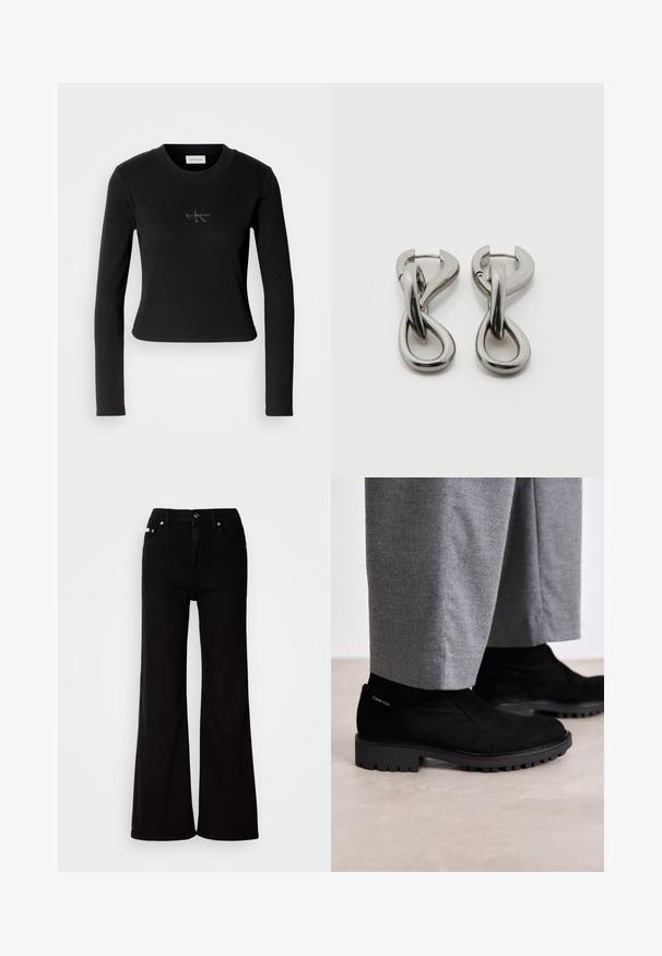 Sort langærmet top med en tætsiddende design og et lille Calvin Klein-logo på brystet, præsenteret mod en hvid baggrund.; Sorte denim flared jeans med høj talje, der har lynlås og knaplukning, sidelommer og subtile hardware-detaljer.; Sorte suede ankelstøvler med gummisål, der har et elastisk sidepanel og et logo akcent på hælen. Parret med grå bukser.; Par af sølvtonede metale øreringe med abstrakt sammenflettet løbedesign på hvid baggrund.